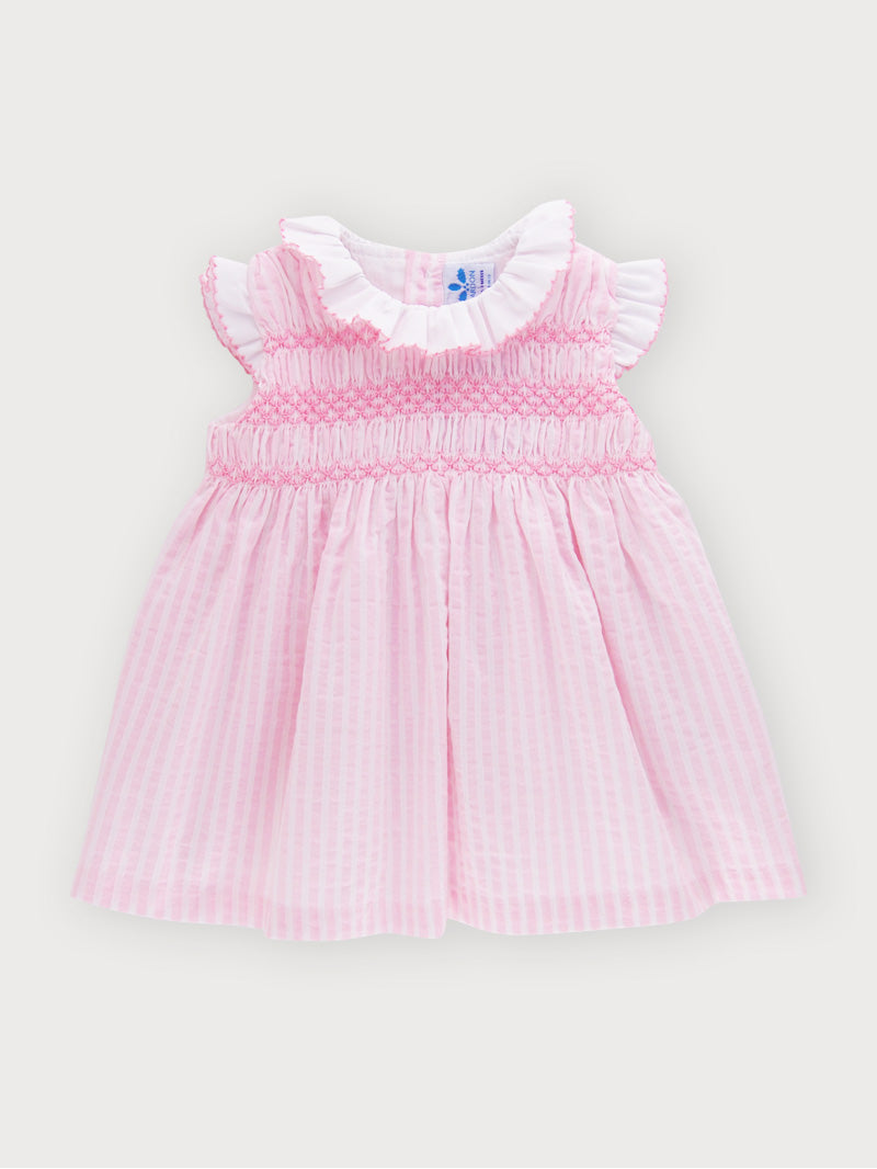 Short Sleeve Smocked Pink Girl Dress with ruffle collar