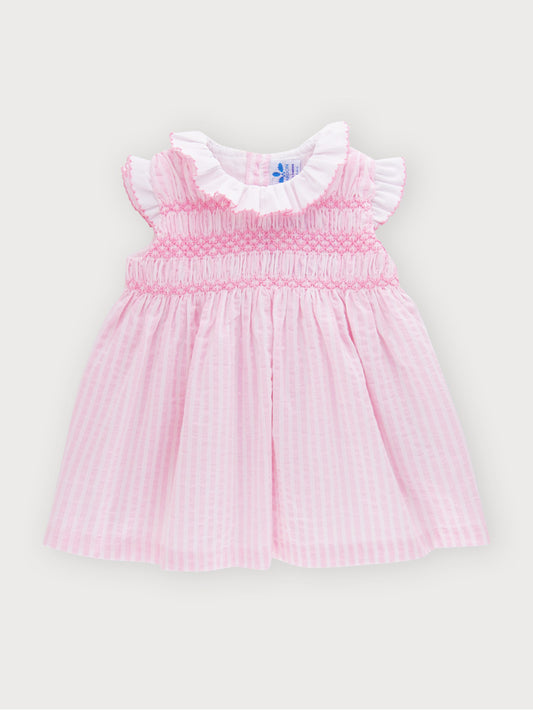 Short Sleeve Smocked Pink Girl Dress with ruffle collar