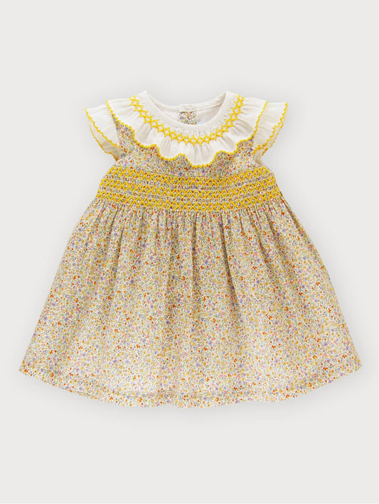 Short Sleeve Smocked Yellow Girl Dress with ruffle collar