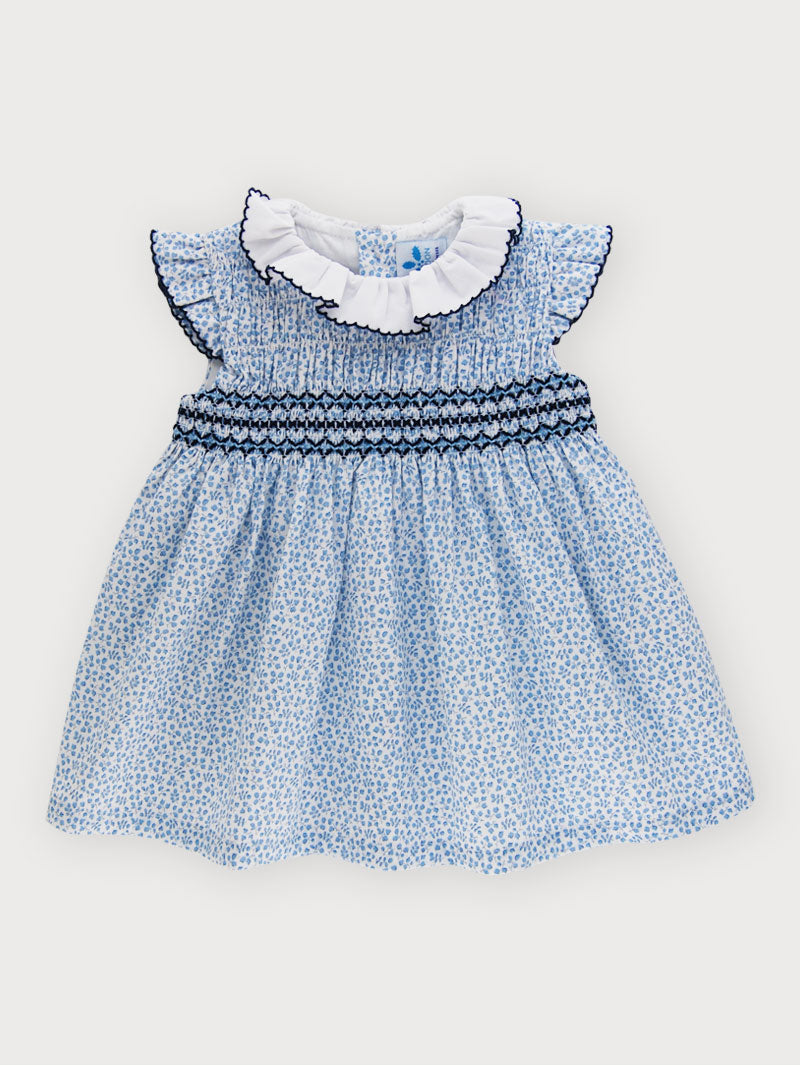 Short Sleeve Smocked Floral Girl Dress with ruffle collar