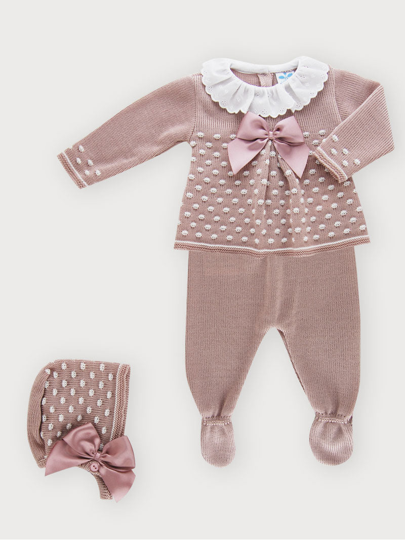 3-Piece Long Sleeve Knitted Girl Babygrow Set